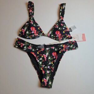 Escape to Paradise Toucan Floral Tropical Bikini Set Black Size Medium NWT